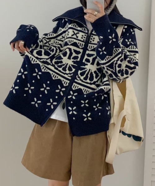 アイスランド製　フワフワ生地　ノルディック　ニットジャケット ﾉﾙﾃﾞｨｯｸ柄ｼﾞｯﾌﾟｱｯﾌﾟﾆｯﾄｼﾞｬｹｯﾄ（その他アウター）｜CADBURY