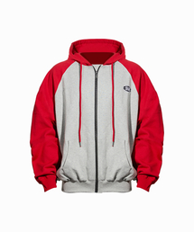 Overfit logo raglan hooded zip-up red gray