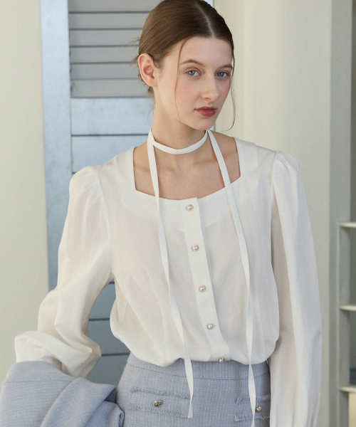 NONLOCAL(ノンローカル)の「Ribbon Tie Square Neck Blouse - White(シャツ/ブラウス・レディース・その他・FREE)」の1枚目の写真
