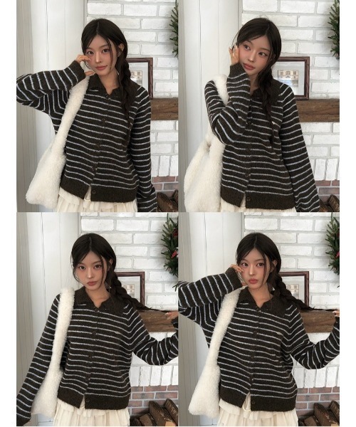 anyonemore（エニワンモア）の「ボーダー柄ペンダント襟付きニットカーディガン（カーディガン/ボレロ・レディース・ブラウン・FREE）」の3枚目の写真