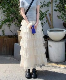 「春夏新作」レース ティアード ロングスカート 春/夏 フェミニン フレア レディーススカート「韓国ファッションガーリー定番」
