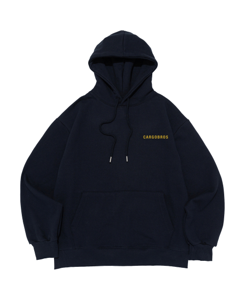CARGOBROS(カーゴブロス)の「エッセンシャルロゴオーバーフィットフードTシャツ(ネイビー/イエロー)(パーカー・メンズ・その他・SMALL/MEDIUM/LARGE/X-LARGE/S-M/M-L/L-XL/XL-XXL)」の1枚目の写真