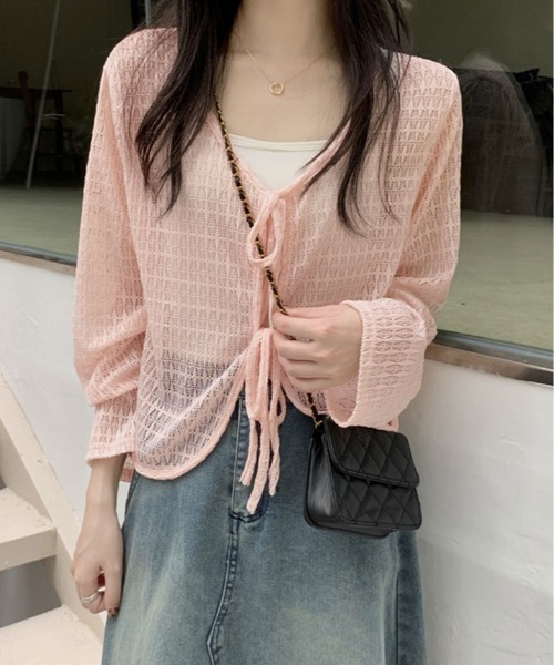 kirakiraShop(キラキラショップ)の「透かし編み リボン ショート ニット カーディガン(カーディガン/ボレロ・レディース・ブルー/ホワイト/ピンク/グリーン/イエロー・FREE)」の5枚目の写真