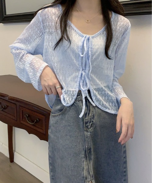 kirakiraShop(キラキラショップ)の「透かし編み リボン ショート ニット カーディガン(カーディガン/ボレロ・レディース・ブルー/ホワイト/ピンク/グリーン/イエロー・FREE)」の3枚目の写真