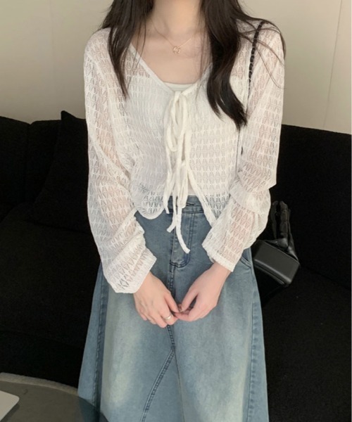 kirakiraShop(キラキラショップ)の「透かし編み リボン ショート ニット カーディガン(カーディガン/ボレロ・レディース・ブルー/ホワイト/ピンク/グリーン/イエロー・FREE)」の8枚目の写真