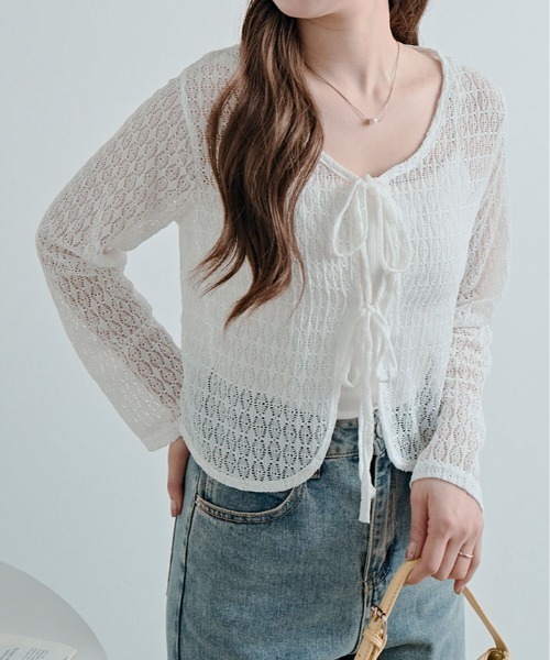 kirakiraShop(キラキラショップ)の「透かし編み リボン ショート ニット カーディガン(カーディガン/ボレロ・レディース・ブルー/ホワイト/ピンク/グリーン/イエロー・FREE)」の11枚目の写真