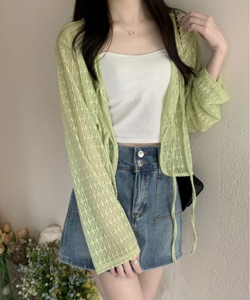 kirakiraShop(キラキラショップ)の「透かし編み リボン ショート ニット カーディガン(カーディガン/ボレロ・レディース・ブルー/ホワイト/ピンク/グリーン/イエロー・FREE)」の12枚目の写真