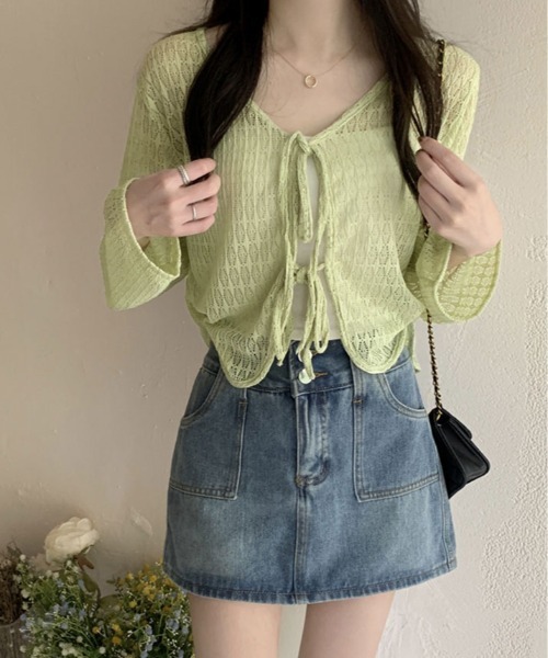 kirakiraShop(キラキラショップ)の「透かし編み リボン ショート ニット カーディガン(カーディガン/ボレロ・レディース・ブルー/ホワイト/ピンク/グリーン/イエロー・FREE)」の13枚目の写真