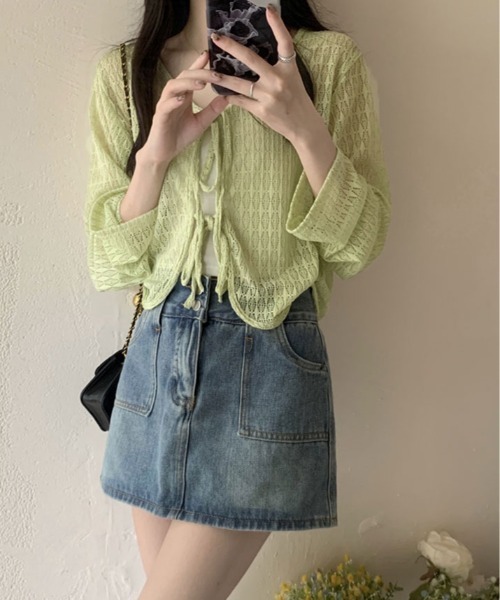 kirakiraShop(キラキラショップ)の「透かし編み リボン ショート ニット カーディガン(カーディガン/ボレロ・レディース・ブルー/ホワイト/ピンク/グリーン/イエロー・FREE)」の14枚目の写真
