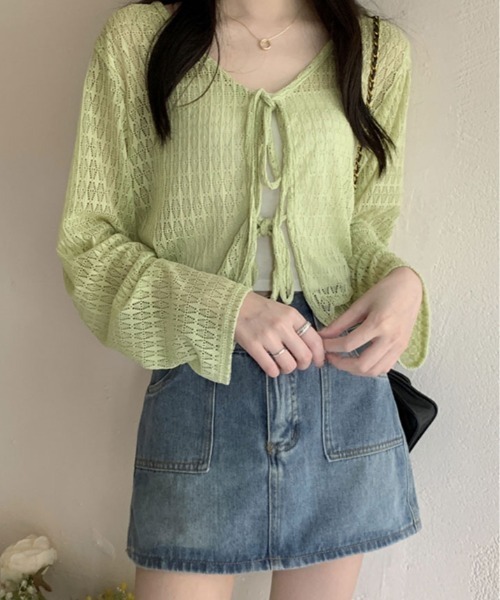 kirakiraShop(キラキラショップ)の「透かし編み リボン ショート ニット カーディガン(カーディガン/ボレロ・レディース・ブルー/ホワイト/ピンク/グリーン/イエロー・FREE)」の15枚目の写真