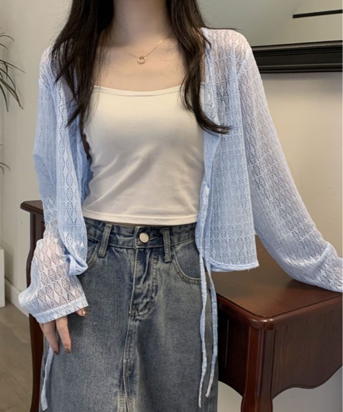 kirakiraShop(キラキラショップ)の「透かし編み リボン ショート ニット カーディガン(カーディガン/ボレロ・レディース・ブルー/ホワイト/ピンク/グリーン/イエロー・FREE)」の16枚目の写真
