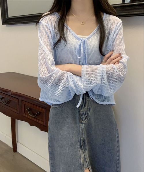 kirakiraShop(キラキラショップ)の「透かし編み リボン ショート ニット カーディガン(カーディガン/ボレロ・レディース・ブルー/ホワイト/ピンク/グリーン/イエロー・FREE)」の17枚目の写真