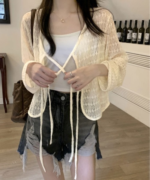 kirakiraShop(キラキラショップ)の「透かし編み リボン ショート ニット カーディガン(カーディガン/ボレロ・レディース・ブルー/ホワイト/ピンク/グリーン/イエロー・FREE)」の18枚目の写真