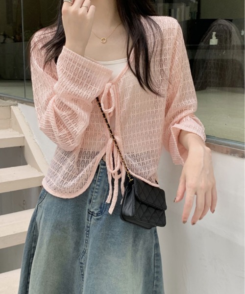 kirakiraShop(キラキラショップ)の「透かし編み リボン ショート ニット カーディガン(カーディガン/ボレロ・レディース・ブルー/ホワイト/ピンク/グリーン/イエロー・FREE)」の21枚目の写真