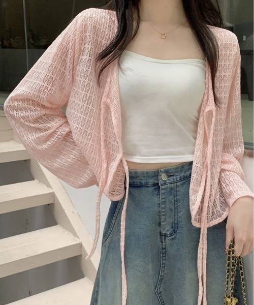 kirakiraShop(キラキラショップ)の「透かし編み リボン ショート ニット カーディガン(カーディガン/ボレロ・レディース・ブルー/ホワイト/ピンク/グリーン/イエロー・FREE)」の22枚目の写真