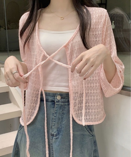 kirakiraShop(キラキラショップ)の「透かし編み リボン ショート ニット カーディガン(カーディガン/ボレロ・レディース・ブルー/ホワイト/ピンク/グリーン/イエロー・FREE)」の20枚目の写真