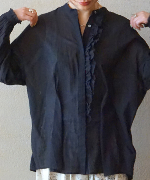 JOURNAL STANDARD LUXE（ジャーナルスタンダード　ラックス）の「ハイツイストガーゼ Wフリルブラウス（シャツ/ブラウス・レディース・ブラック/ホワイト×ホワイト・FREE）」の7枚目の写真