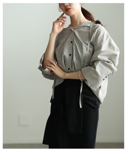 Sawa a la mode(サワアラモード)の「チェック柄フーディーオーバーシャツ(シャツ/ブラウス・レディース・アイボリー/ブラック・FREE)」の7枚目の写真