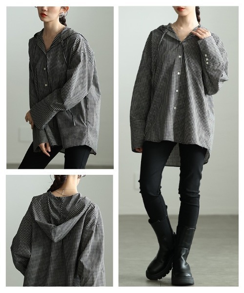 Sawa a la mode(サワアラモード)の「チェック柄フーディーオーバーシャツ(シャツ/ブラウス・レディース・アイボリー/ブラック・FREE)」の14枚目の写真