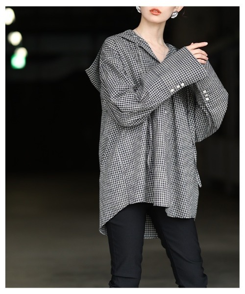 Sawa a la mode(サワアラモード)の「チェック柄フーディーオーバーシャツ(シャツ/ブラウス・レディース・アイボリー/ブラック・FREE)」の13枚目の写真