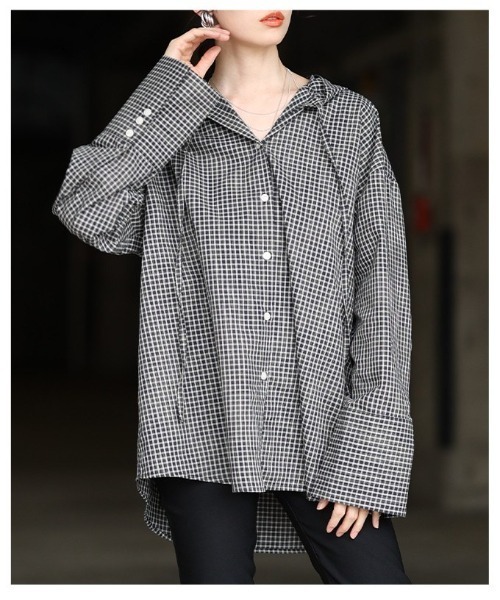 Sawa a la mode(サワアラモード)の「チェック柄フーディーオーバーシャツ(シャツ/ブラウス・レディース・アイボリー/ブラック・FREE)」の11枚目の写真