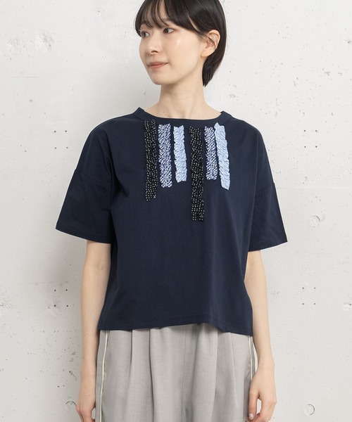 POU DOU DOU(プードゥドゥ)の「アソートランダムフリルボーダートップス(Tシャツ/カットソー・レディース・ネイビー/ライトグレー/オフホワイト・3)」の3枚目の写真