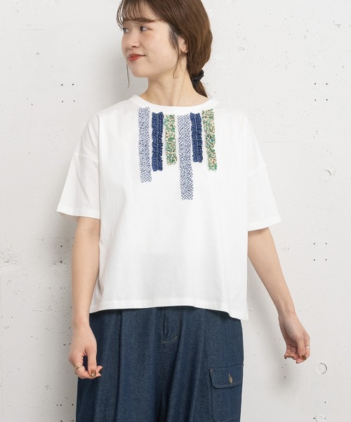 POU DOU DOU(プードゥドゥ)の「アソートランダムフリルボーダートップス(Tシャツ/カットソー・レディース・ネイビー/ライトグレー/オフホワイト・3)」の8枚目の写真