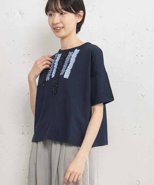 POU DOU DOU(プードゥドゥ)の「アソートランダムフリルボーダートップス(Tシャツ/カットソー・レディース・ネイビー/ライトグレー/オフホワイト・3)」の19枚目の写真