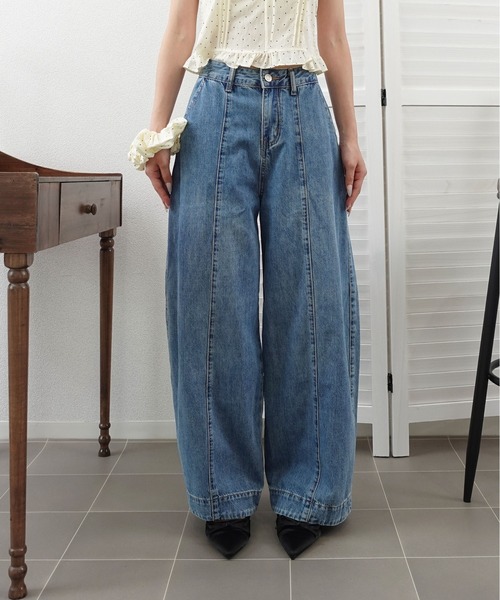 unnu(ユヌ)の「バレルレッグセンターシームデニムパンツ(デニムパンツ・レディース・ピンク/ブルー/アイボリー・S)」の8枚目の写真