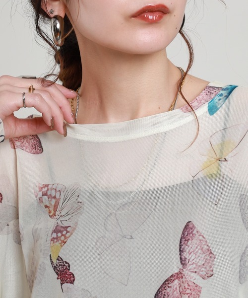 crossi（クロッシー）の「サイドシャーリング バタフライ柄 チュールレース長袖Tシャツ（Tシャツ/カットソー・レディース・ブルー/ベージュ・FREE）」の20枚目の写真