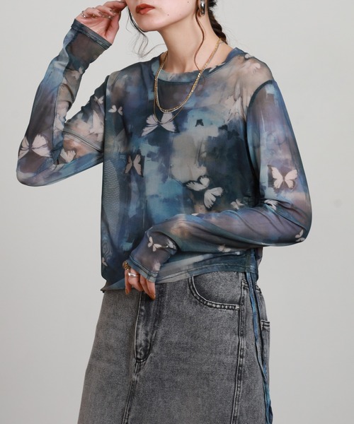crossi（クロッシー）の「サイドシャーリング バタフライ柄 チュールレース長袖Tシャツ（Tシャツ/カットソー・レディース・ブルー/ベージュ・FREE）」の12枚目の写真