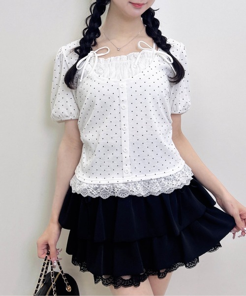 INGNI(イング)の「キャミレイヤード風ダブルリボンレースリブトップス(Tシャツ/カットソー・レディース・その他3/ホワイト系その他3/ライトピンク/ブラック・M)」の5枚目の写真