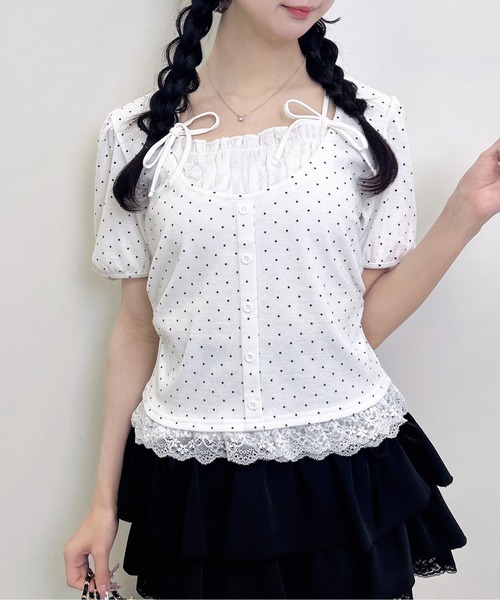 INGNI(イング)の「キャミレイヤード風ダブルリボンレースリブトップス(Tシャツ/カットソー・レディース・その他3/ホワイト系その他3/ライトピンク/ブラック・M)」の6枚目の写真