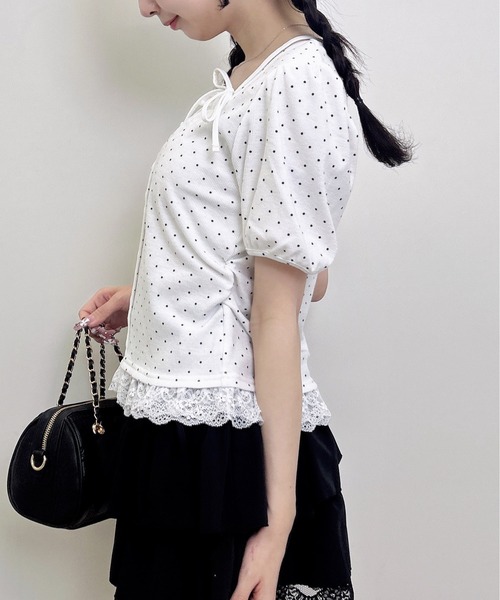 INGNI(イング)の「キャミレイヤード風ダブルリボンレースリブトップス(Tシャツ/カットソー・レディース・その他3/ホワイト系その他3/ライトピンク/ブラック・M)」の7枚目の写真