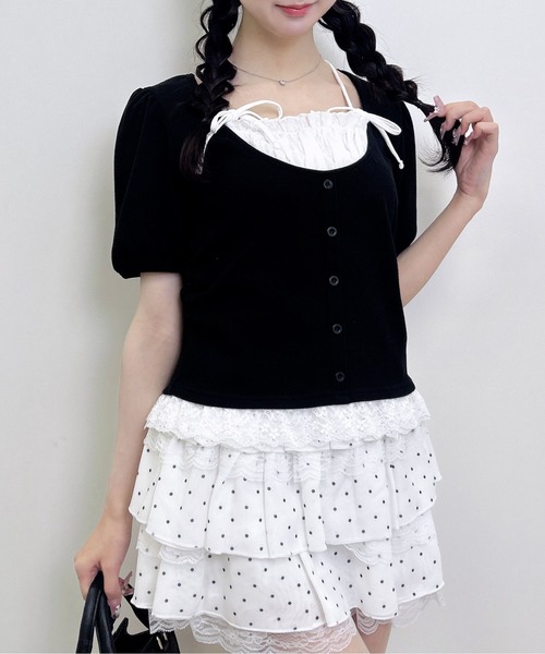 INGNI(イング)の「キャミレイヤード風ダブルリボンレースリブトップス(Tシャツ/カットソー・レディース・その他3/ホワイト系その他3/ライトピンク/ブラック・M)」の11枚目の写真