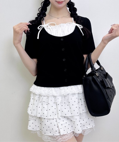 INGNI(イング)の「キャミレイヤード風ダブルリボンレースリブトップス(Tシャツ/カットソー・レディース・その他3/ホワイト系その他3/ライトピンク/ブラック・M)」の12枚目の写真
