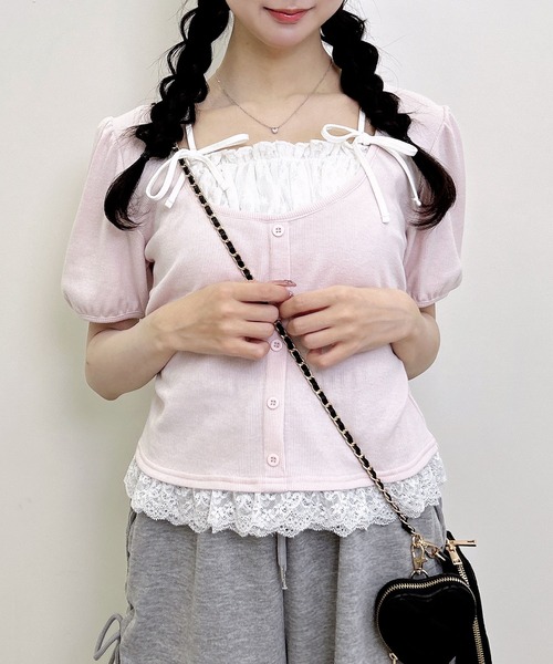 INGNI(イング)の「キャミレイヤード風ダブルリボンレースリブトップス(Tシャツ/カットソー・レディース・その他3/ホワイト系その他3/ライトピンク/ブラック・M)」の17枚目の写真