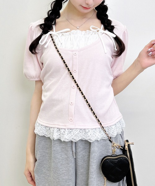 INGNI(イング)の「キャミレイヤード風ダブルリボンレースリブトップス(Tシャツ/カットソー・レディース・その他3/ホワイト系その他3/ライトピンク/ブラック・M)」の18枚目の写真