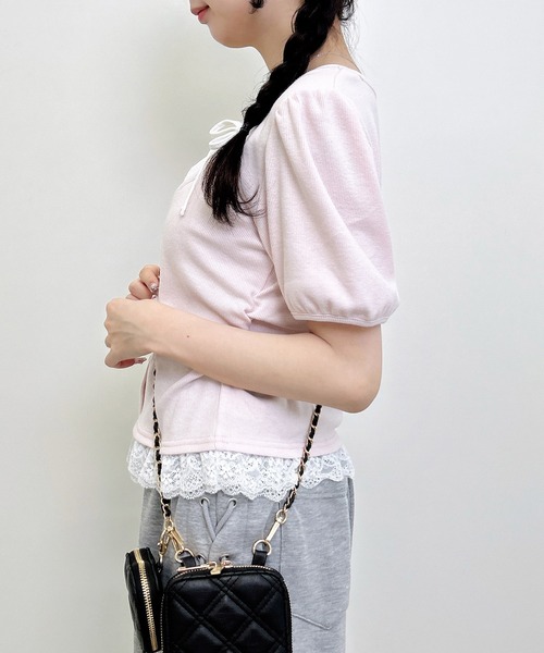 INGNI(イング)の「キャミレイヤード風ダブルリボンレースリブトップス(Tシャツ/カットソー・レディース・その他3/ホワイト系その他3/ライトピンク/ブラック・M)」の19枚目の写真