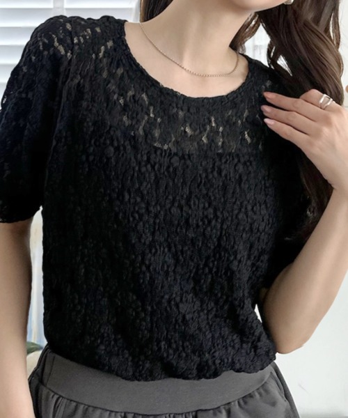 umune（ウムネ）の「レーストップス 半袖 総レース 花柄 フラワーモチーフ シアー 透け感 カットソー プルオーバー フェミニン 夏（Tシャツ/カットソー・レディース・ブラック/アイボリー/ライトブルー・FREE）」の9枚目の写真