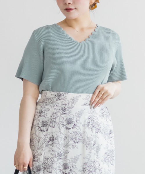 CLETTE(クレット)の「CLETTEオリジナルスカラップVネックリブニット(ニット/セーター・レディース・ミント/オフホワイト/ブラック・3L/LL/4L)」の10枚目の写真