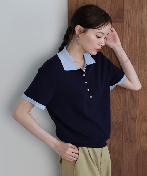 J by blue(ジェイバイブルー)の「《お気に入り1.1万人突破》ゴールドボタン配色ポロネックニット(ニット/セーター・レディース・ブラウン/オフホワイト/ネイビー/ベージュ・MEDIUM)」の4枚目の写真
