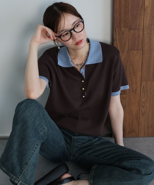 J by blue(ジェイバイブルー)の「《お気に入り1.1万人突破》ゴールドボタン配色ポロネックニット(ニット/セーター・レディース・ブラウン/オフホワイト/ネイビー/ベージュ・MEDIUM)」の5枚目の写真