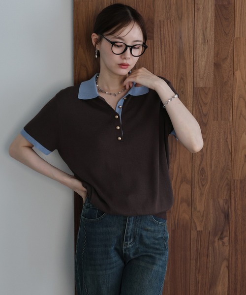 J by blue(ジェイバイブルー)の「《お気に入り1.1万人突破》ゴールドボタン配色ポロネックニット(ニット/セーター・レディース・ブラウン/オフホワイト/ネイビー/ベージュ・MEDIUM)」の7枚目の写真