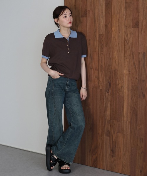 J by blue(ジェイバイブルー)の「《お気に入り1.1万人突破》ゴールドボタン配色ポロネックニット(ニット/セーター・レディース・ブラウン/オフホワイト/ネイビー/ベージュ・MEDIUM)」の9枚目の写真