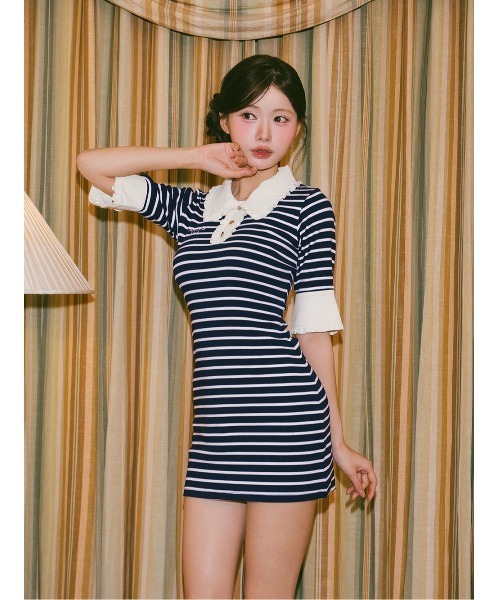 AmeliaMoi(アメリアモワ)の「レトロボーダーミニワンピース(ワンピース・レディース・グレー/ネイビー/ピンク/レッド・FREE)」の2枚目の写真