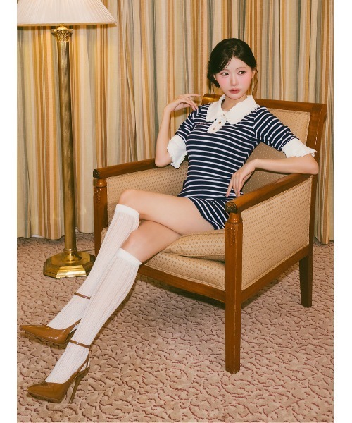 AmeliaMoi(アメリアモワ)の「レトロボーダーミニワンピース(ワンピース・レディース・グレー/ネイビー/ピンク/レッド・FREE)」の6枚目の写真