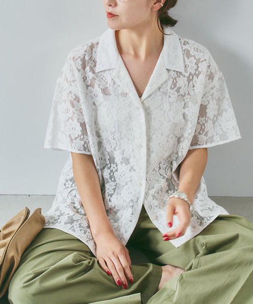 Lace Harf Sleeve Ribbed Shirt — кружевная рубашка с укороченным рукавом (слив)