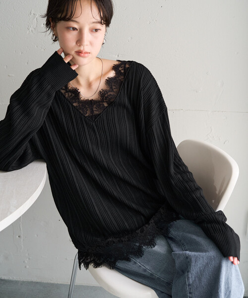 FREAK'S STORE(フリークスストア)の「限定展開 レース ドッキング Vネック ロングスリーブ トップス(Tシャツ/カットソー・レディース・オフホワイト/グレー/ブラック/ブラウン系その他・フリ-)」の1枚目の写真