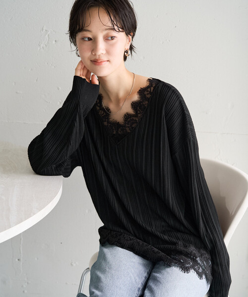 FREAK'S STORE(フリークスストア)の「限定展開 レース ドッキング Vネック ロングスリーブ トップス(Tシャツ/カットソー・レディース・オフホワイト/グレー/ブラック/ブラウン系その他・フリ-)」の6枚目の写真